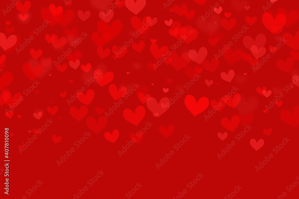 Many red hearts of different sizes falling on a red background, abstraction