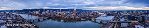 Panorama View of Burnside Bridge Crossing the Willamette River in Portland Oregon at Sunrise 