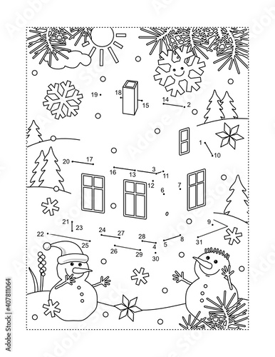 Small house, or cabin, in winter scene and two snowmen full page connect the dots puzzle and coloring page
