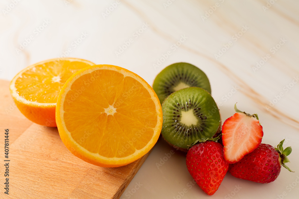 fresh fruits orange, kiwi fruit, strawberry. fresh fruits orange, kiwi fruit, strawberry.