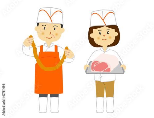 人物　精肉店　男女