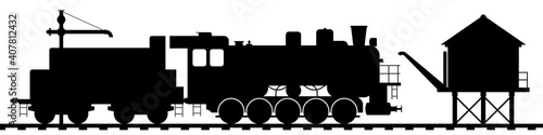 Old steam locomotive with a tender at a technical stop. Water tower and water crane for filling steam locomotive. Black silhouette isolated on white. Railway transport vector art.