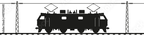 Electric locomotive on rails under the contact wire. Railroad electric poles with overhead lines. Black silhouette isolated on white. Railway transport vector art.