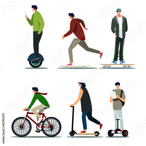 people riding skateboard, longboard and modern personal transporters - hoverboard or self-balancing board, electric unicycle, motorized kick scooter of set ,Vector illustration cartoon character