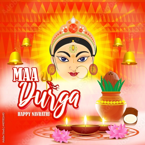 illustration of Goddess Durga Face in Happy Durga Puja Subh Navratri abstract background with text Durga puja means Durga Puja