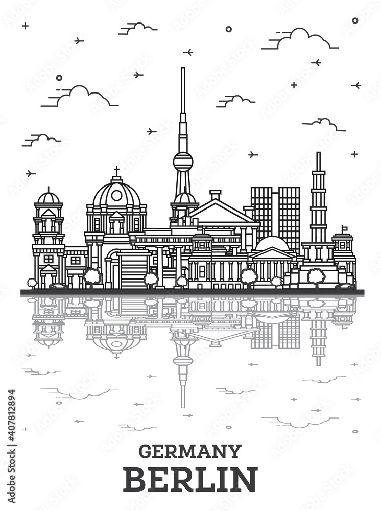 Outline Berlin Germany City Skyline with Historical Buildings and Reflections Isolated on White.
