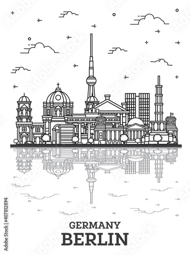 Outline Berlin Germany City Skyline with Historical Buildings and Reflections Isolated on White.
