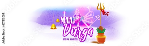 illustration of Goddess Durga Face in Happy Durga Puja Subh Navratri abstract background with text Durga puja means Durga Puja