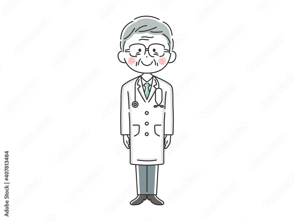 白衣を着た年配の日本人男性医師のイラスト
