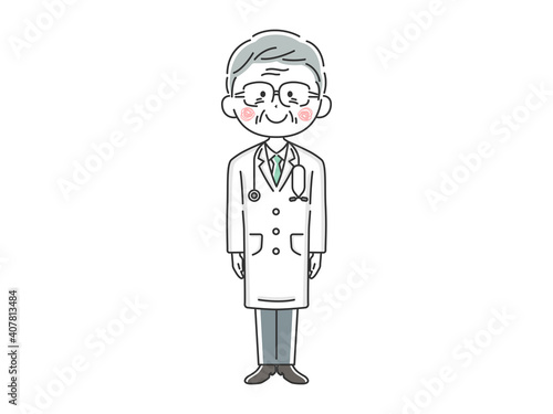 白衣を着た年配の日本人男性医師のイラスト