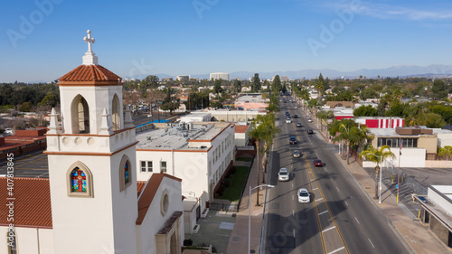 Sun shines on the historic Madison Park and Wilshire Square neighborhoods of Santa Ana, California, USA.