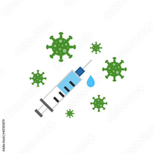 Virus pandemic injection virus cartoon illustration, vaccine medicine, syringe, treatment disease, vaccine icon line flat vector illustration