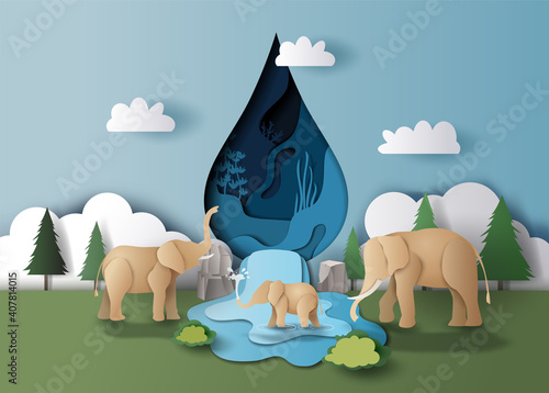 World Water Day, save water, a landscape of elephant family with water drop and trees background, paper illustration and 3d paper.