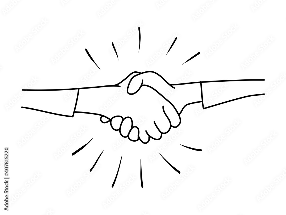 Obraz premium hand drawn handshake. Shaking hands business on comic style. isolated on white background. doodle vector illustration