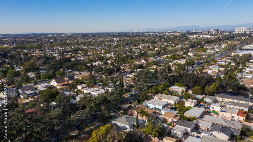 Day time aerial view of a residential area in Santa Ana, California, USA.