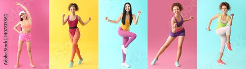 Young women doing aerobics on color background photo