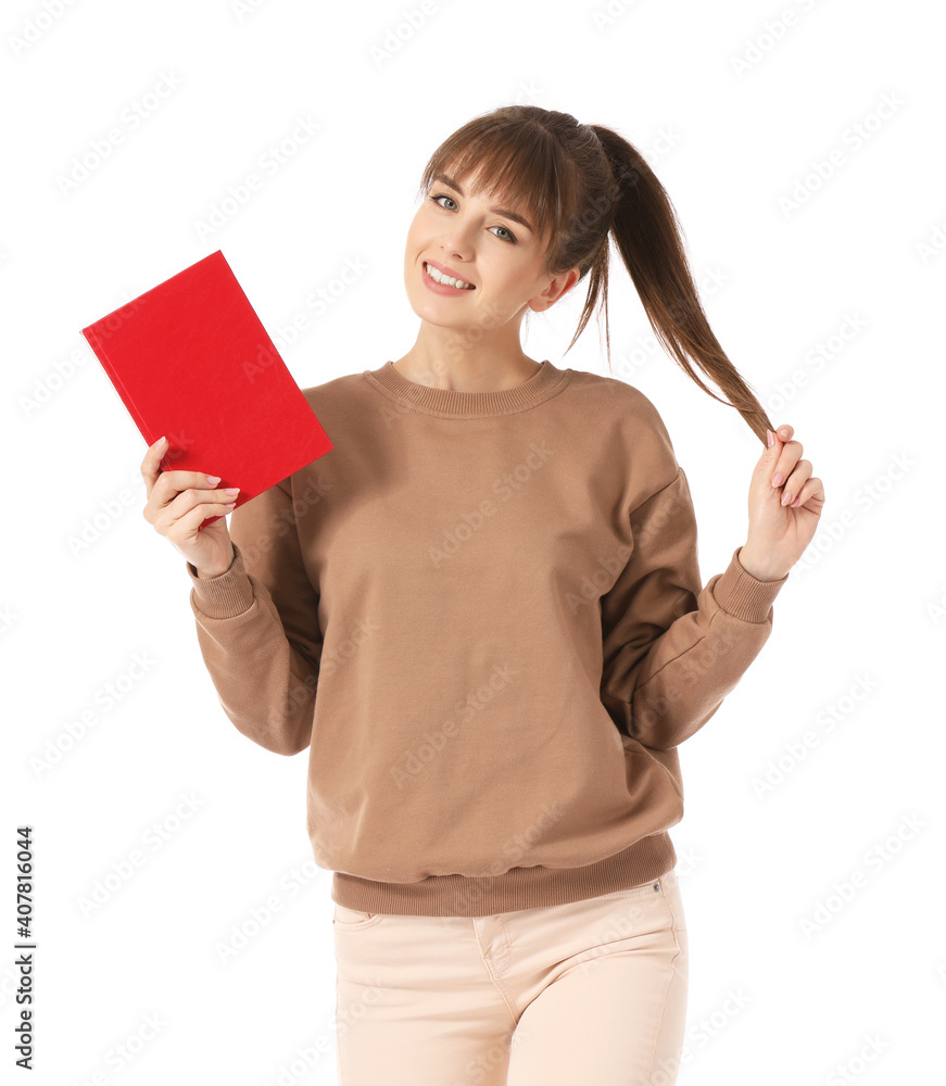 Beautiful young woman with book on white background Beautiful young woman with book on white background