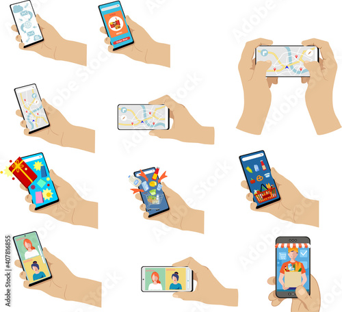 Set of hands holding modern cell phone. Mobile application concept. Online shopping, mobile payment, pay with smartphone, shopping basket concepts for web banners, websites, infographics. Isolated.