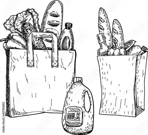 Products in a grocery bag and an eco grocery bag. Sketch. Hand drawn vector illustration