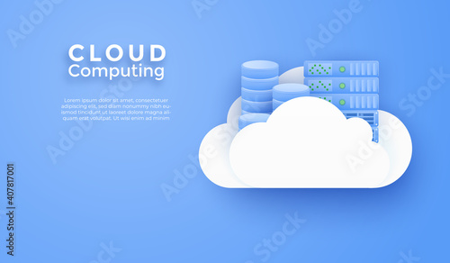 3D Cloud computing online service. Digital business technology background. Vector paper art illustration