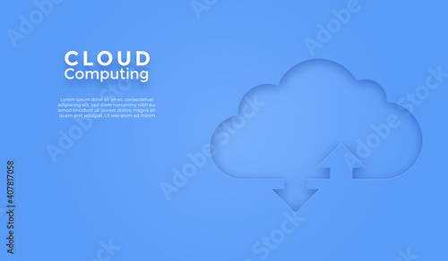 3D Cloud computing upload and download data online service. Digital business technology background. Vector paper art illustration