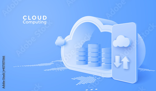3D Cloud computing upload and download data online service with mobile. Digital technology background. Vector art illustration