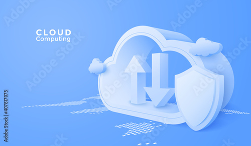 3D Cloud computing upload and download data online service. Digital security technology background. Vector art illustration