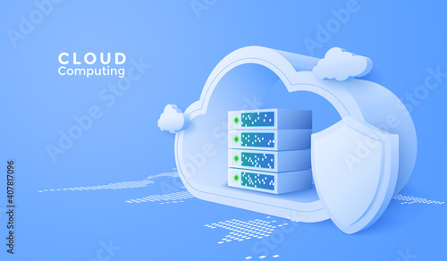 3D Cloud computing online service. Digital technology security background. Vector art illustration