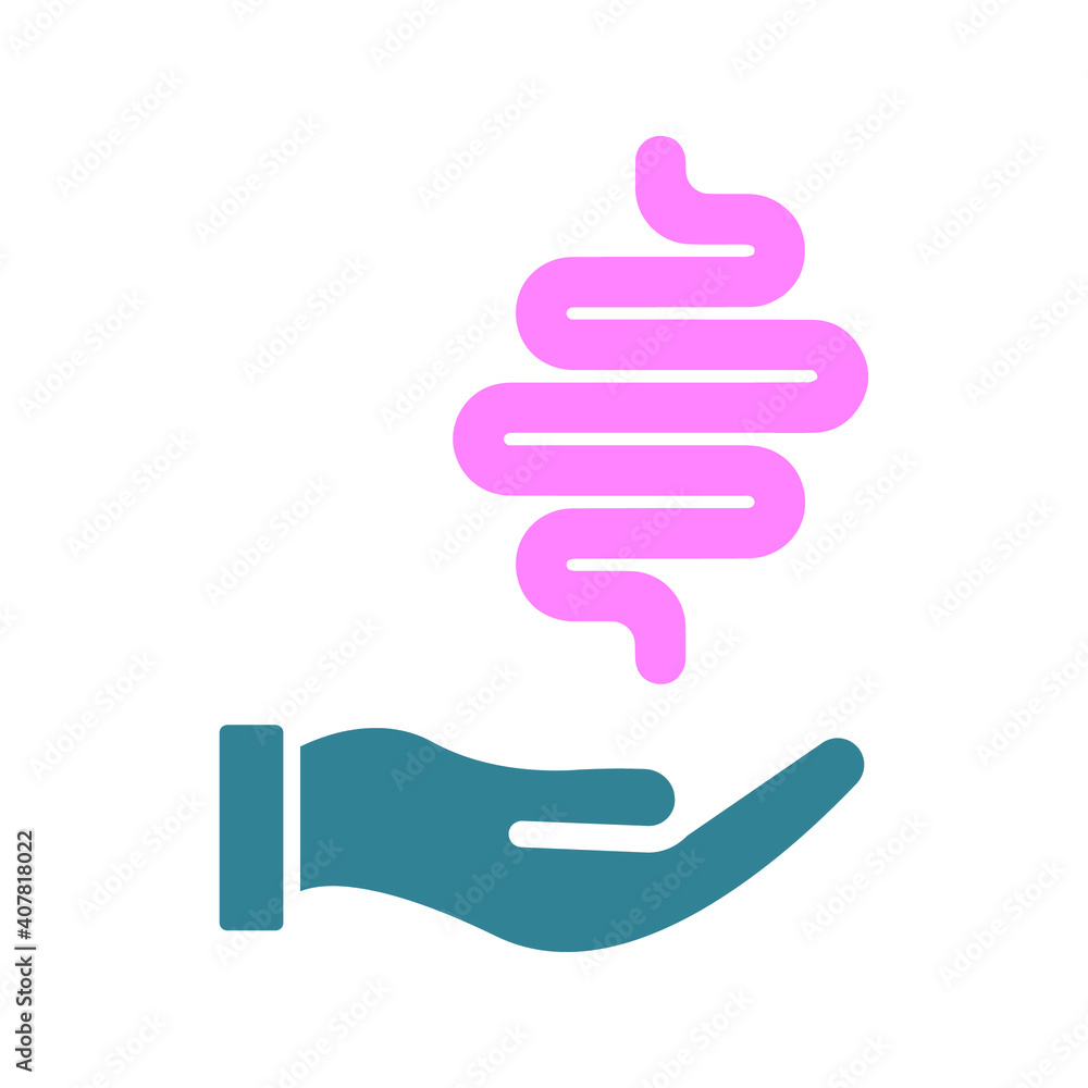 Human intestine on hand icon. Treatment, disease prevention symbol Human intestine on hand icon. Treatment, disease prevention symbol