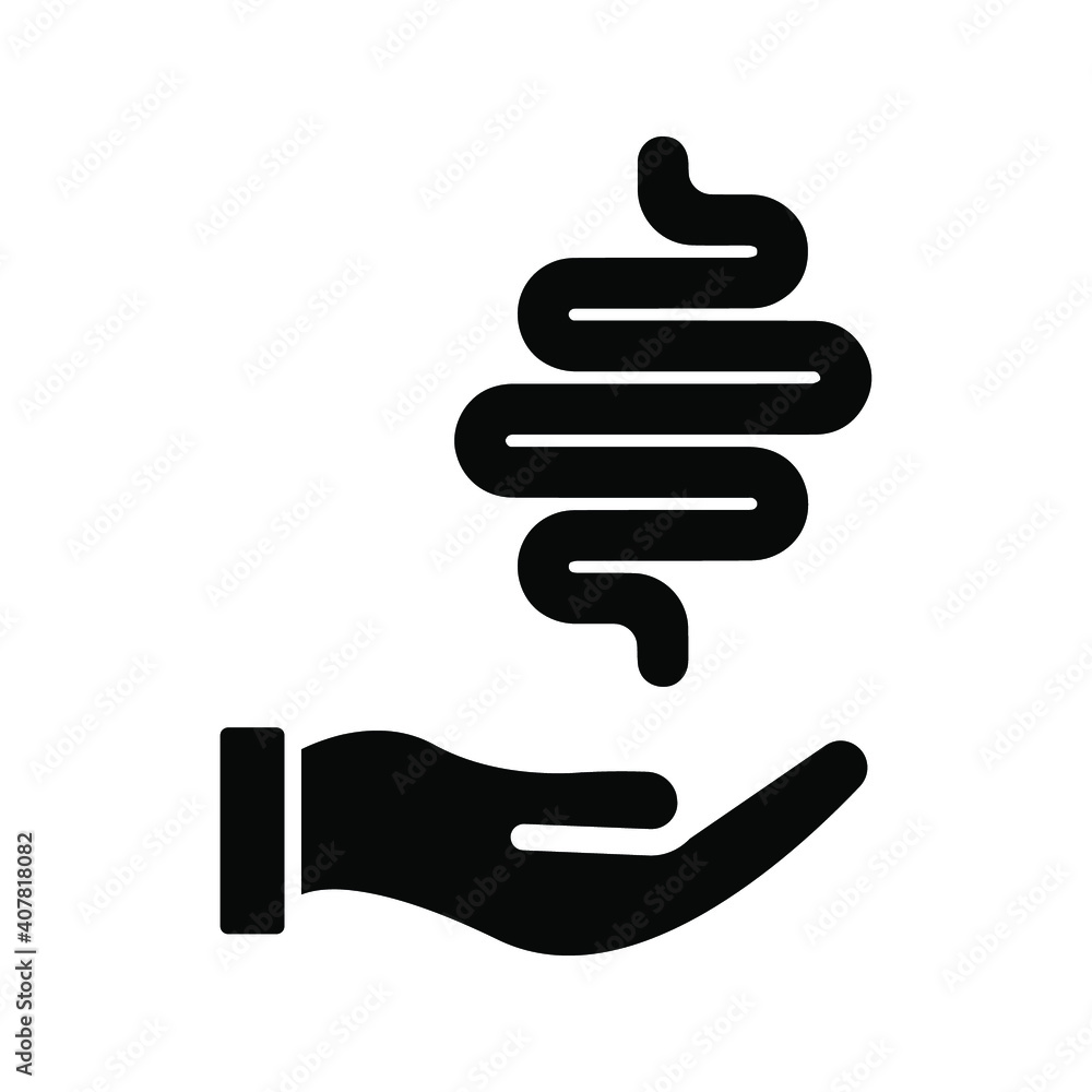 Human intestine on hand icon. Treatment, disease prevention symbol Human intestine on hand icon. Treatment, disease prevention symbol