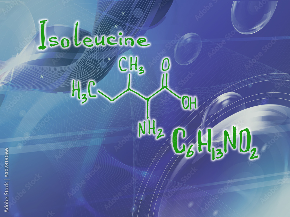 Chemical molecular formula of the amino acid isoleucine F . Infographics. Abstract bright glitter blue background.