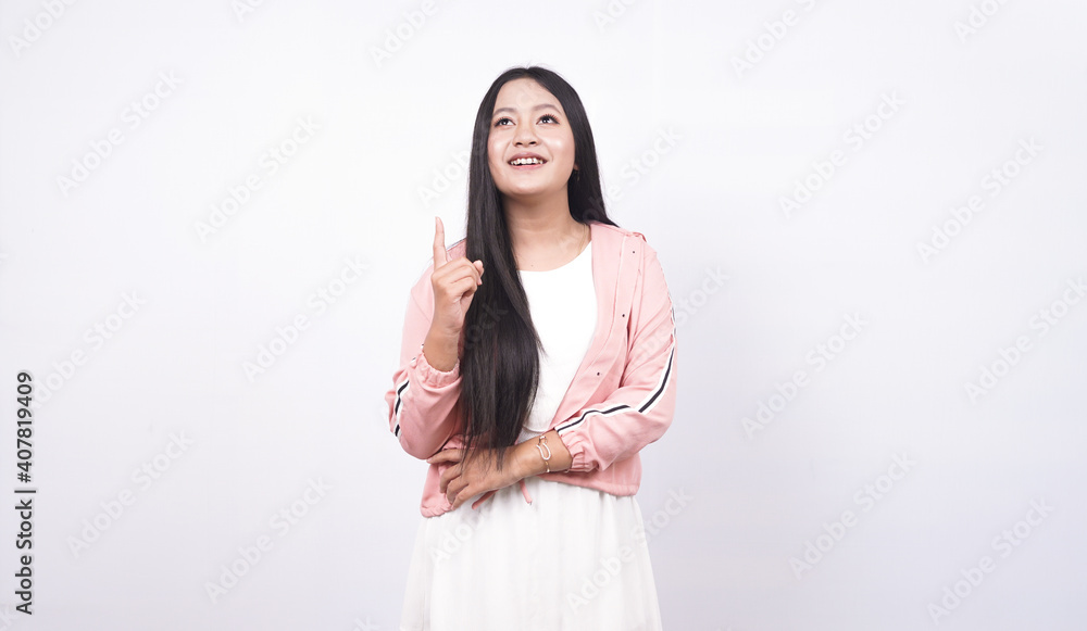 beautiful asian woman thinking and get idea isolated white background