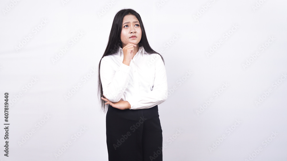 asian woman thingking and get idea isolated white background asian woman thingking and get idea isolated white background