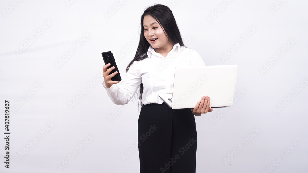 asian business woman hold laptop isolated white background asian business woman hold laptop isolated white background