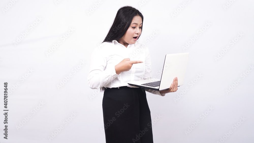 asian woman surprised expression girl when looking at laptop isolated white background asian woman surprised expression girl when looking at laptop isolated white background