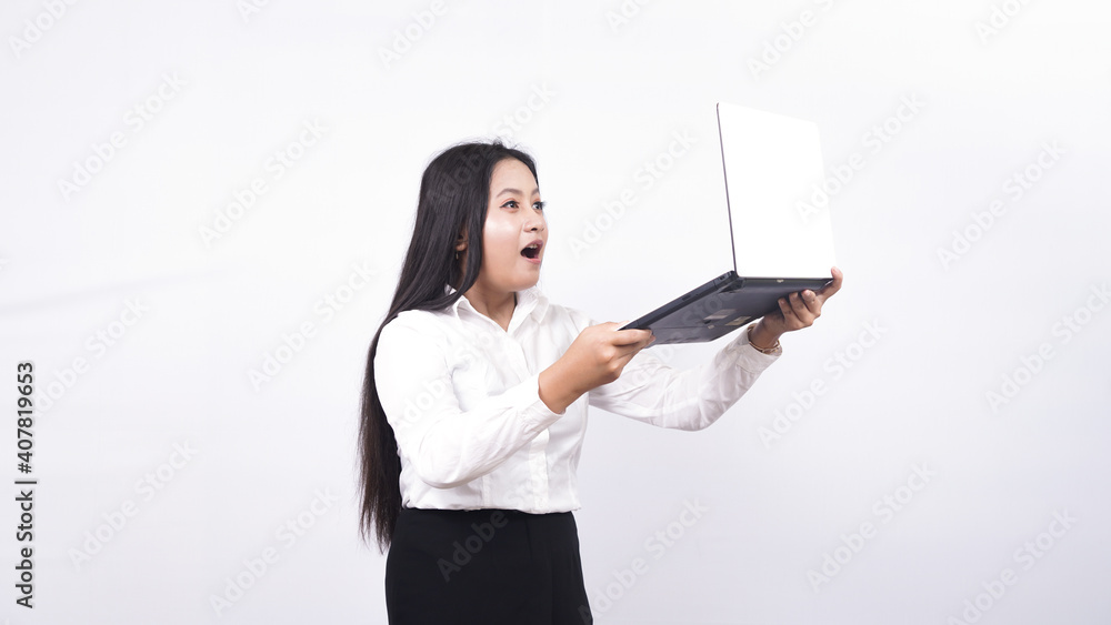 asian woman surprised expression girl when looking at laptop isolated white background asian woman surprised expression girl when looking at laptop isolated white background