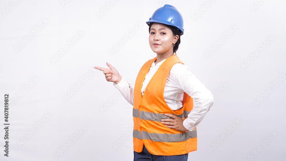 portrait of asian engineer isolated on white background pointing blank space portrait of asian engineer isolated on white background pointing blank space