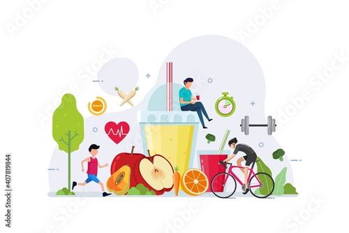 Organic fruit and vegetable for healthy lifestyle with tiny people design concept vector illustration