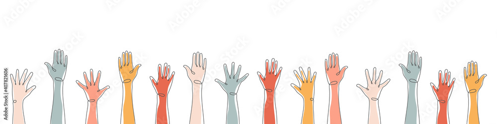 Raised hands. Teamwork, collaboration, voting, volunteering concert. Applause hand drawn. Vector illustration