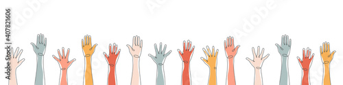 Raised hands. Teamwork, collaboration, voting, volunteering concert. Applause hand drawn. Vector illustration