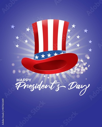 Vector illustration concept of Happy Presidents' Day. Washington's Birthday greeting with American flag and president hat on abstract background.