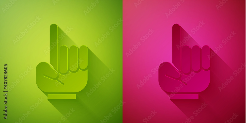 Paper cut Number 1 one fan hand glove with finger raised icon isolated on green and pink background. Symbol of team support in competitions. Paper art style. Vector Illustration. Paper cut Number 1 one fan hand glove with finger raised icon isolated on green and pink background. Symbol of team support in competitions. Paper art style. Vector Illustration.