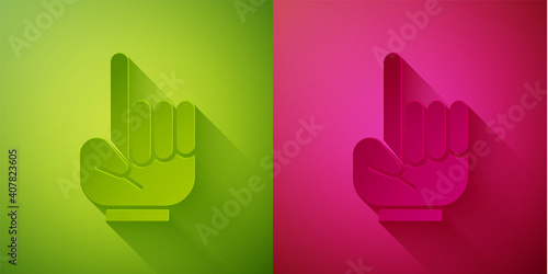 Paper cut Number 1 one fan hand glove with finger raised icon isolated on green and pink background. Symbol of team support in competitions. Paper art style. Vector Illustration.