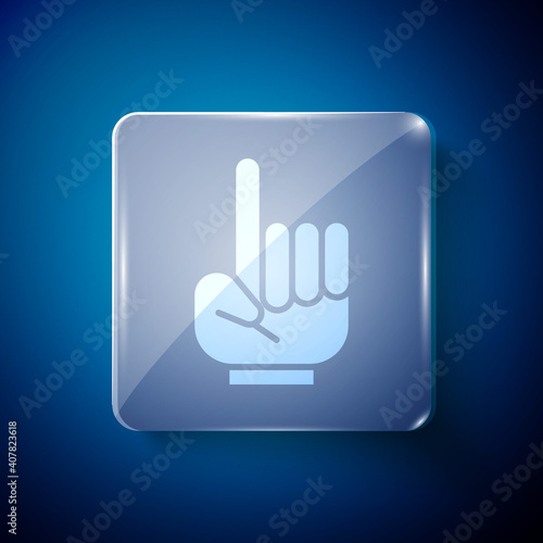 White Number 1 one fan hand glove with finger raised icon isolated on blue background. Symbol of team support in competitions. Square glass panels. Vector Illustration.