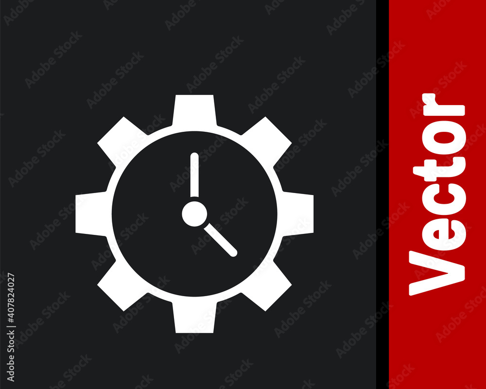 White Time Management icon isolated on black background. Clock and gear sign. Productivity symbol. Vector Illustration. White Time Management icon isolated on black background. Clock and gear sign. Productivity symbol. Vector Illustration.