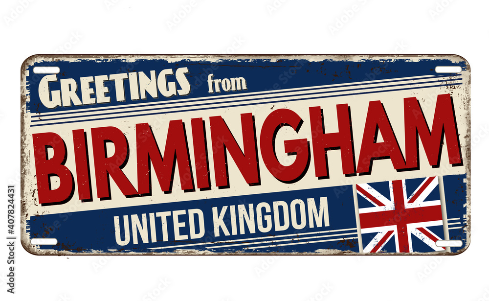 Fototapeta premium Greetings from Birmingham vintage rusty metal plate