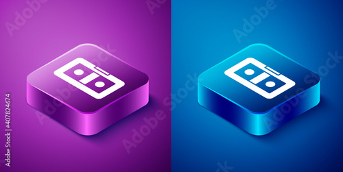 Isometric VHS video cassette tape icon isolated on blue and purple background. Square button. Vector Illustration.