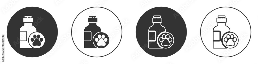 Black Pet shampoo icon isolated on white background. Pets care sign. Dog cleaning symbol. Circle button. Vector. Black Pet shampoo icon isolated on white background. Pets care sign. Dog cleaning symbol. Circle button. Vector.