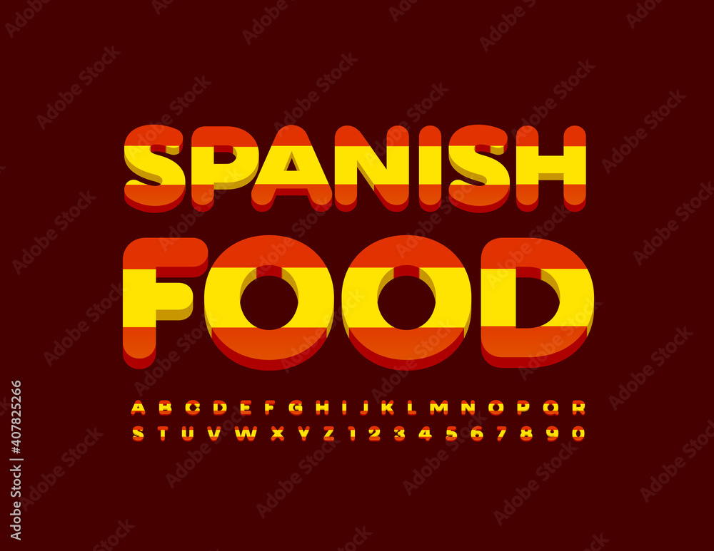 Vector bright logo Spanish Cuisine. Spain flag colors Alphabet Letters and Numbers set. Creative modern Font