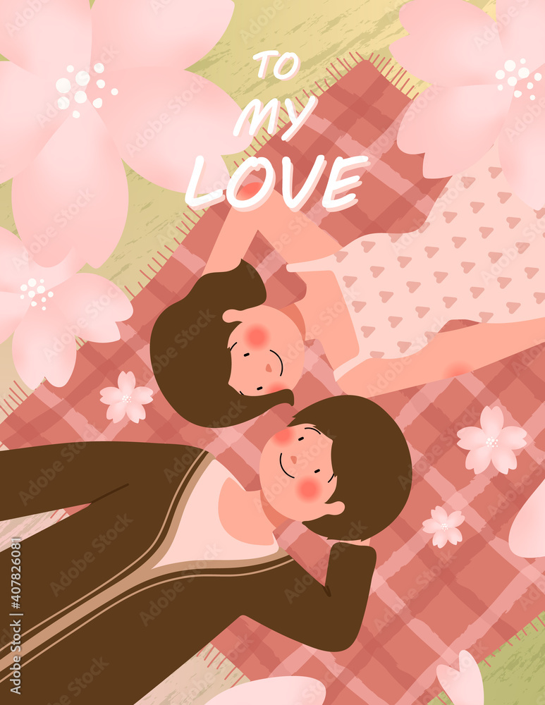 Happy Valentine's day card with cute couple on picnic during romantic date vector illustration Happy Valentine's day card with cute couple on picnic during romantic date vector illustration